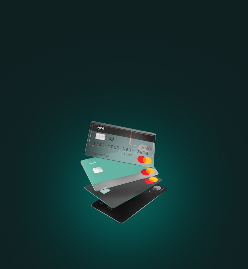  A vertical stack of four Client-N26 Mastercard debit cards in different colors including transparent, grey, teal, and black, floating against a dark teal gradient background.